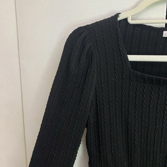 Womens Long Sleeve Knit Dress Square Neck Knee Length Casual Babydoll Black XS - Picture 4 of 7